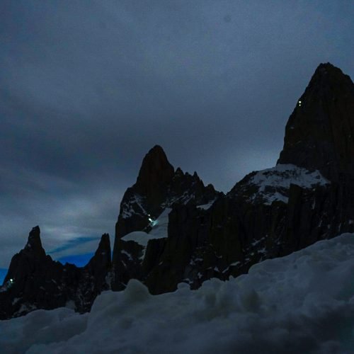 Climbers on cerro fitzroy During a perfect weather window in el chalten